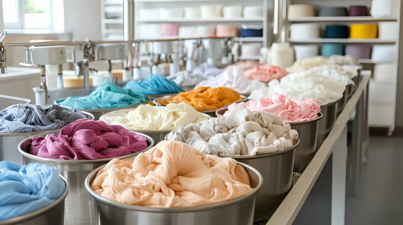 textile dyeing process with colorful fabrics